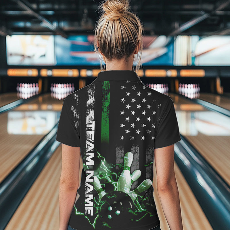 Custom Black And Green Thin Line American Flag Patriotic US Bowling Polo Shirts For Women IPHW8519