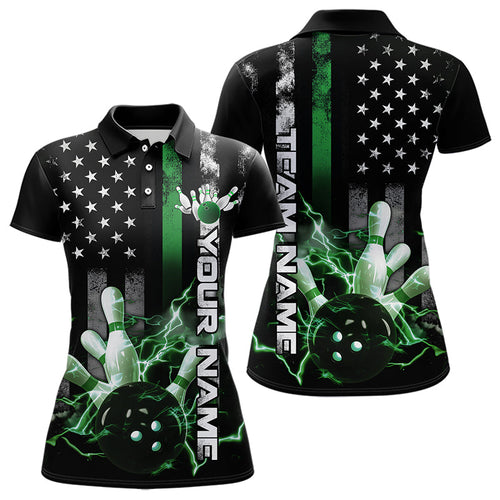 Custom Black And Green Thin Line American Flag Patriotic US Bowling Polo Shirts For Women IPHW8519