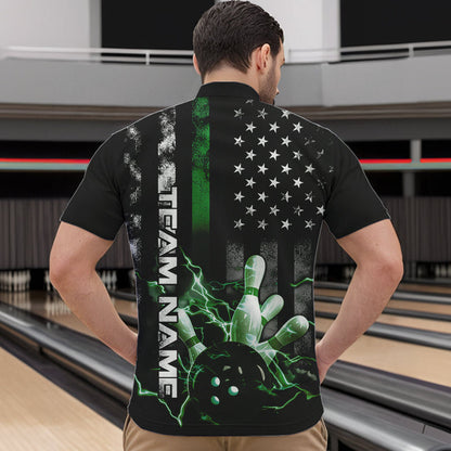 Custom Black And Green Thin Line American Flag Patriotic US Bowling Team Quarter-Zip Shirts For Men IPHW8519