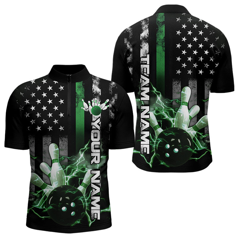 Custom Black And Green Thin Line American Flag Patriotic US Bowling Team Quarter-Zip Shirts For Men IPHW8519