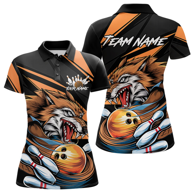 Custom Black And Orange Wolf Bowling Team Polo Shirts For Women, Wolf Bowling Jerseys IPHW8713
