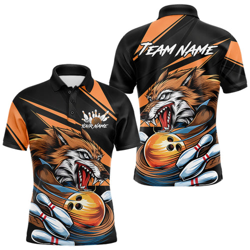 Custom Black And Orange Wolf Bowling Team Polo Shirts For Men, Wolf Bowling Jerseys IPHW8713