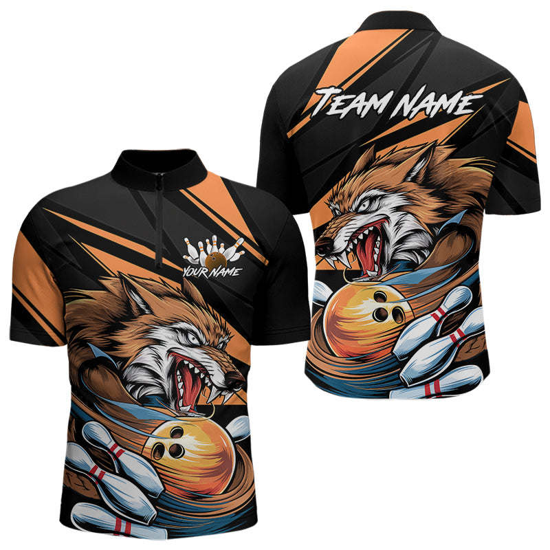 Custom Black And Orange Wolf Bowling Team Quarter-Zip Shirts For Men, Wolf Bowling Jerseys IPHW8713