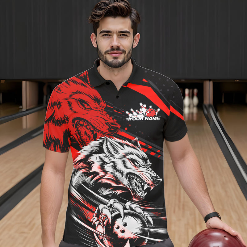 Custom Black And Red Wolf Bowling Men Polo Shirts, Wolf Bowling League Shirt Team Uniform IPHW8714