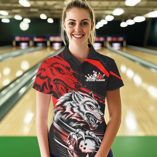 Custom Black And Red Wolf Bowling Women Polo Shirts, Wolf Bowling League Shirt Team Uniform IPHW8714