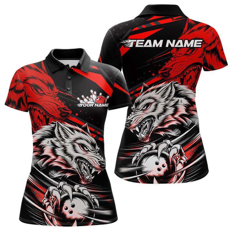Custom Black And Red Wolf Bowling Women Polo Shirts, Wolf Bowling League Shirt Team Uniform IPHW8714