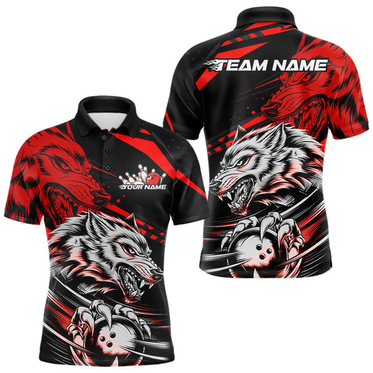 Custom Black And Red Wolf Bowling Men Polo Shirts, Wolf Bowling League Shirt Team Uniform IPHW8714
