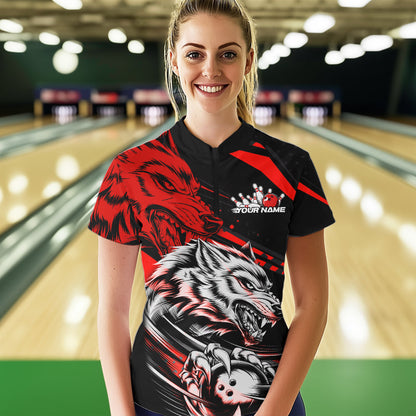 Custom Black And Red Wolf Bowling Women Quarter-Zip Shirts, Wolf Bowling League Team Shirt IPHW8714