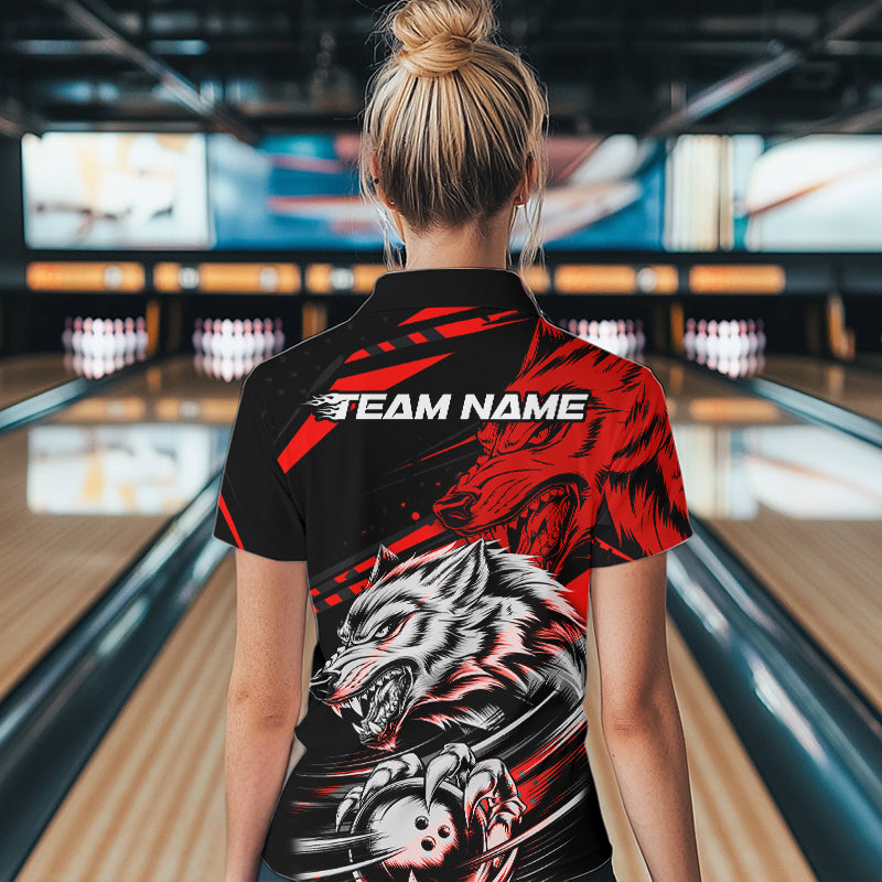 Custom Black And Red Wolf Bowling Women Quarter-Zip Shirts, Wolf Bowling League Team Shirt IPHW8714
