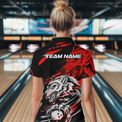 Custom Black And Red Wolf Bowling Women Quarter-Zip Shirts, Wolf Bowling League Team Shirt IPHW8714