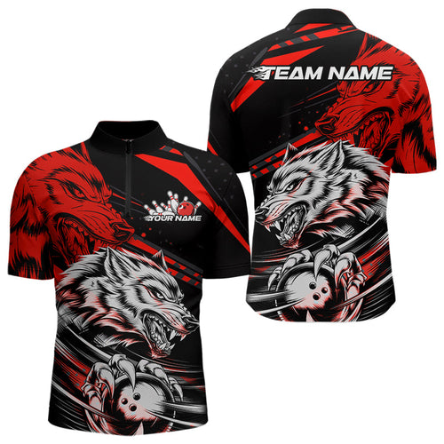 Custom Black And Red Wolf Bowling Men Quarter-Zip Shirts, Wolf Bowling League Shirt Team Uniform IPHW8714