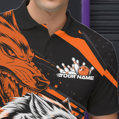 Custom Black And Orange Wolf Bowling Men Polo Shirts, Wolf Bowling League Shirt Team Uniform IPHW8715