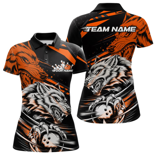 Custom Black And Orange Wolf Bowling Women Polo Shirts, Wolf Bowling League Team Shirt IPHW8715