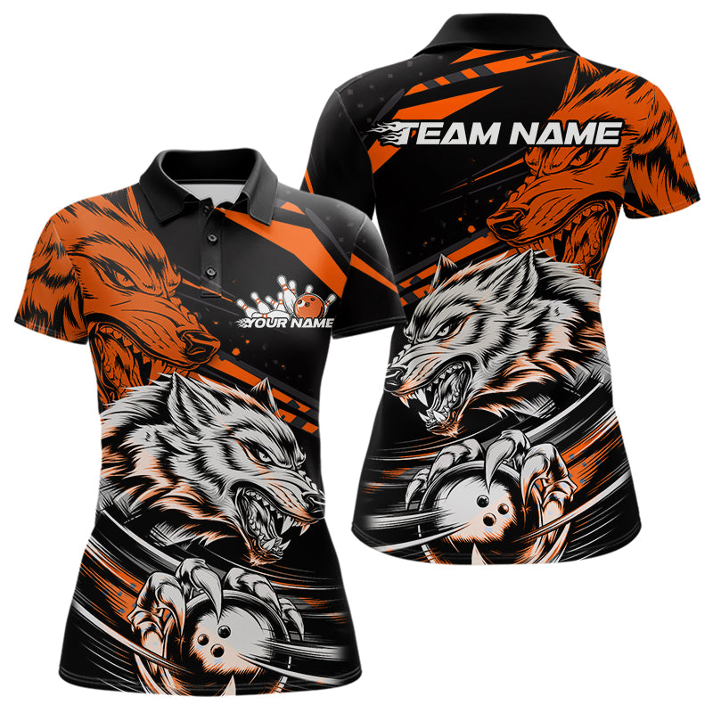 Custom Black And Orange Wolf Bowling Women Polo Shirts, Wolf Bowling League Team Shirt IPHW8715