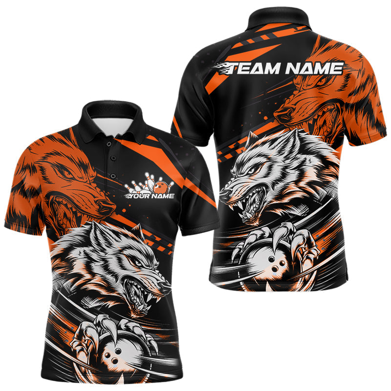 Custom Black And Orange Wolf Bowling Men Polo Shirts, Wolf Bowling League Shirt Team Uniform IPHW8715