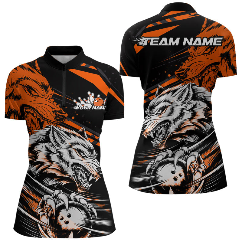 Custom Black And Orange Wolf Bowling Women Quarter-Zip Shirt, Bowling League Team Shirt IPHW8715