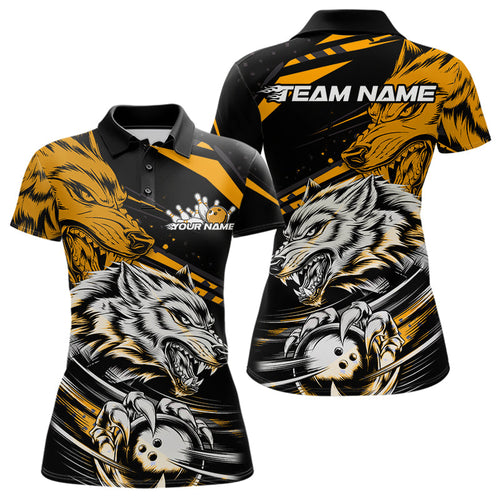 Custom Black And Yellow Wolf Bowling Women Polo Shirts, Wolf Bowling League Team Shirt IPHW8716