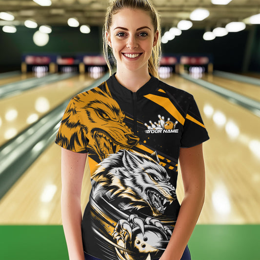 Custom Black And Yellow Wolf Bowling Women Quarter-Zip Shirts, Wolf Bowling League Shirt IPHW8716