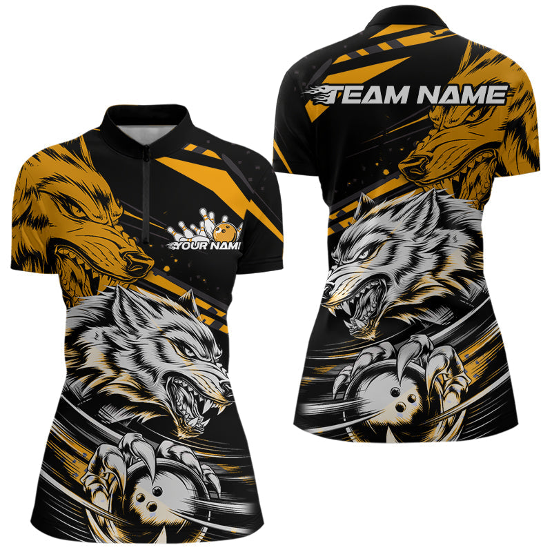 Custom Black And Yellow Wolf Bowling Women Quarter-Zip Shirts, Wolf Bowling League Shirt IPHW8716
