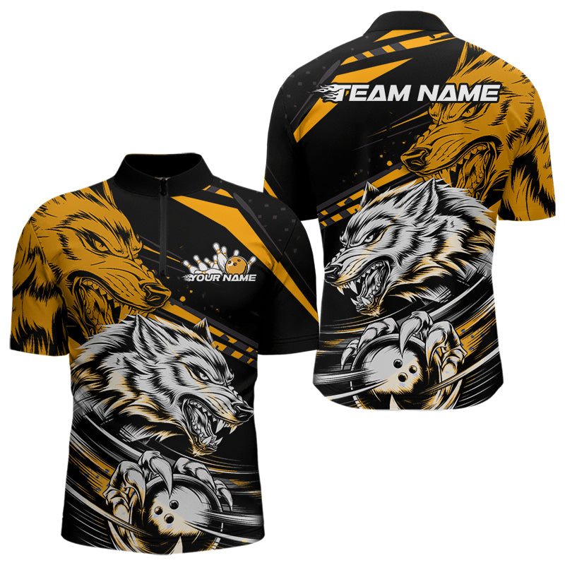 Custom Black And Yellow Wolf Bowling Men Quarter-Zip Shirts, Wolf Bowling League Shirt Team Uniform IPHW8716