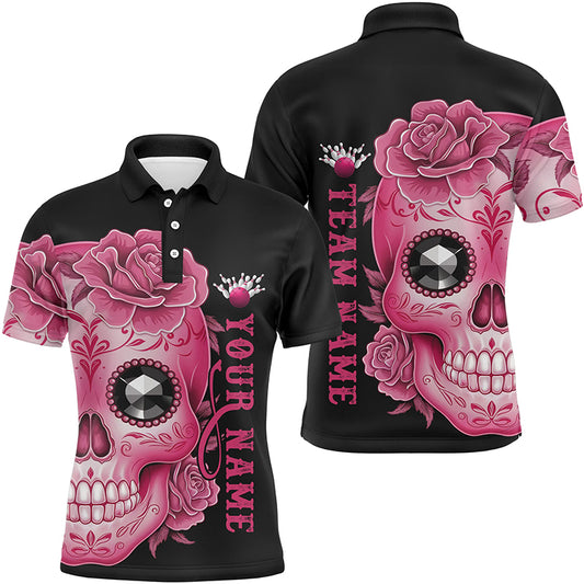 Pink Sugar Skull Tattoo Custom Unisex Team Bowling Polo Shirts, Halloween Team Bowling Jerseys IPHW6715