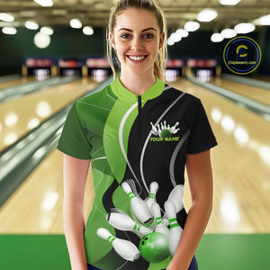 Custom Black And Green Bowling Jerseys, Women Bowling Quarter-Zip Shirt Team Uniform IPHW9225