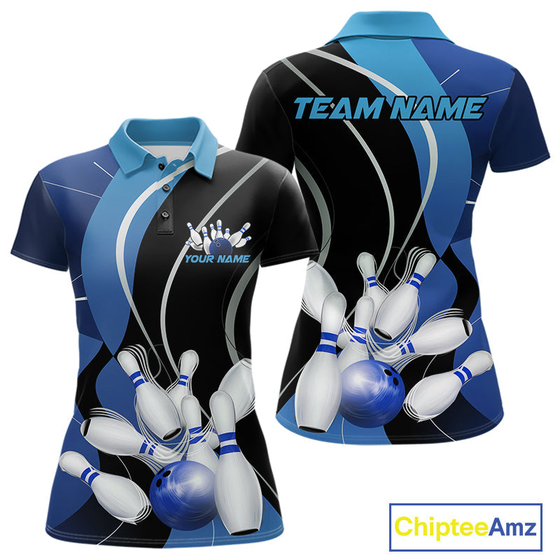Custom Black And Blue Bowling Jerseys, Women Bowling Polo Shirt Team Uniform IPHW9226