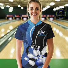 Load image into Gallery viewer, Custom Black And Blue Bowling Jerseys, Women Bowling Quarter-Zip Shirt Team Uniform IPHW9226