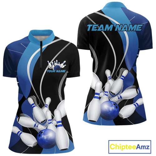 Custom Black And Blue Bowling Jerseys, Women Bowling Quarter-Zip Shirt Team Uniform IPHW9226