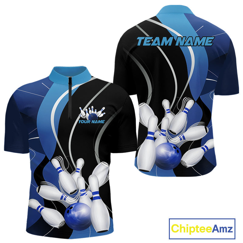 Custom Black And Blue Bowling Jerseys, Men Bowling Quarter-Zip Shirt Team Uniform IPHW9226