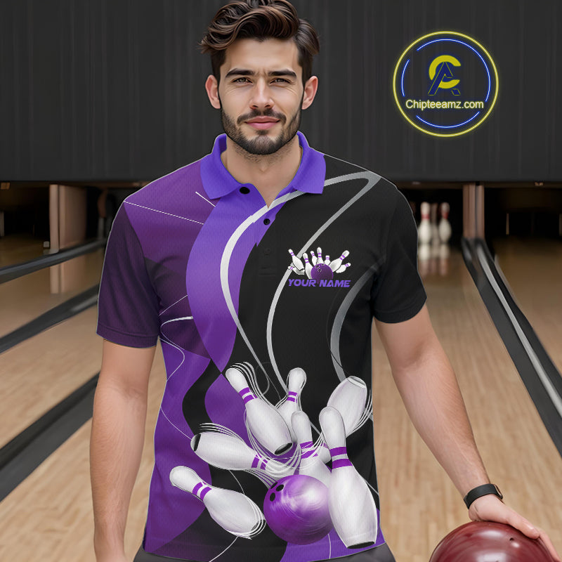 Custom Black And Purple Bowling Jerseys, Men Bowling Polo Shirt Team Uniform IPHW9227