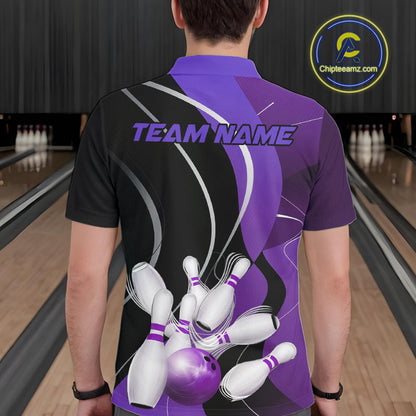 Custom Black And Purple Bowling Jerseys, Men Bowling Polo Shirt Team Uniform IPHW9227