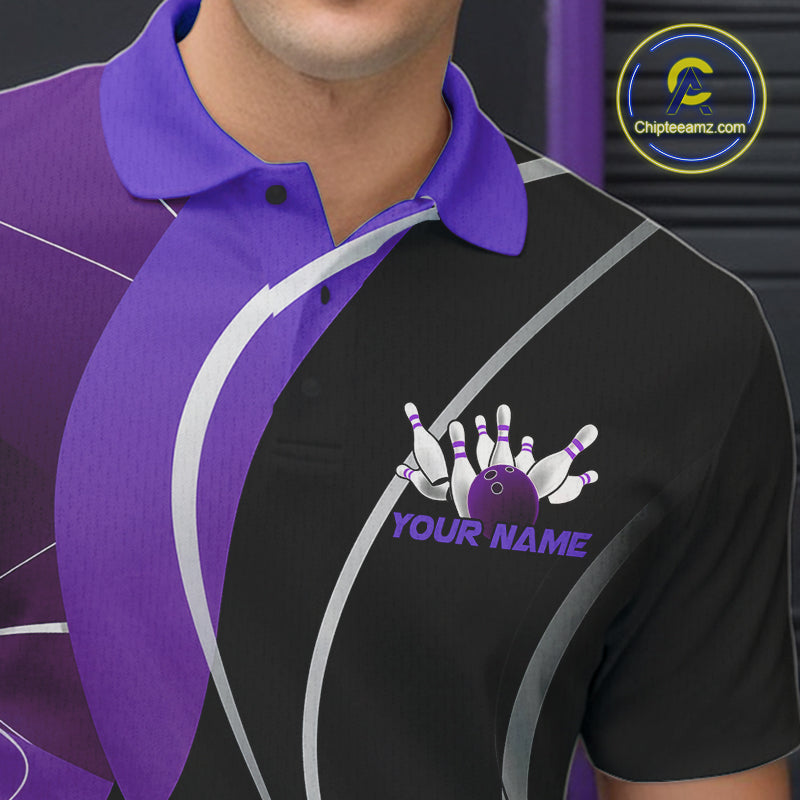 Custom Black And Purple Bowling Jerseys, Men Bowling Polo Shirt Team Uniform IPHW9227