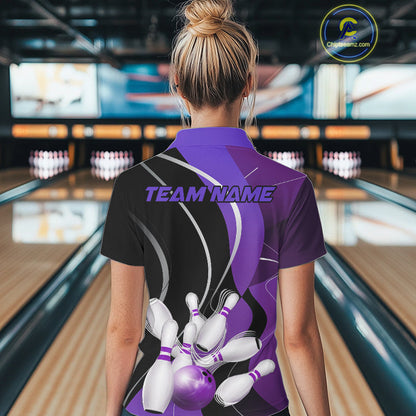 Custom Black And Purple Bowling Jerseys, Women Bowling Polo Shirt Team Uniform IPHW9227