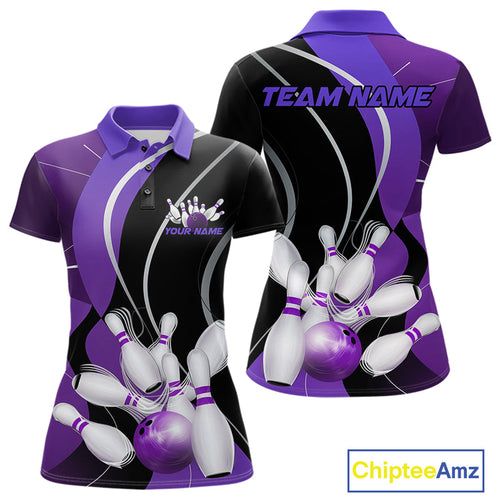Custom Black And Purple Bowling Jerseys, Women Bowling Polo Shirt Team Uniform IPHW9227