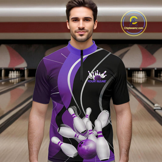 Custom Black And Purple Bowling Jerseys, Men Bowling Quarter-Zip Shirt Team Uniform IPHW9227