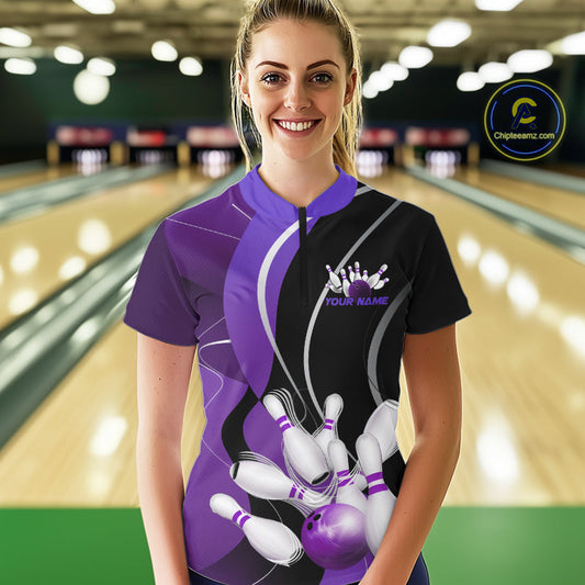 Custom Black And Purple Bowling Jerseys, Women Bowling Quarter-Zip Shirt Team Uniform IPHW9227