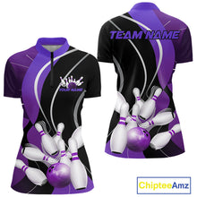 Load image into Gallery viewer, Custom Black And Purple Bowling Jerseys, Women Bowling Quarter-Zip Shirt Team Uniform IPHW9227