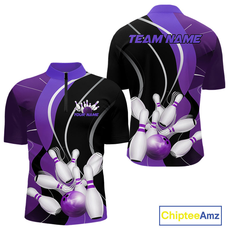 Custom Black And Purple Bowling Jerseys, Men Bowling Quarter-Zip Shirt Team Uniform IPHW9227