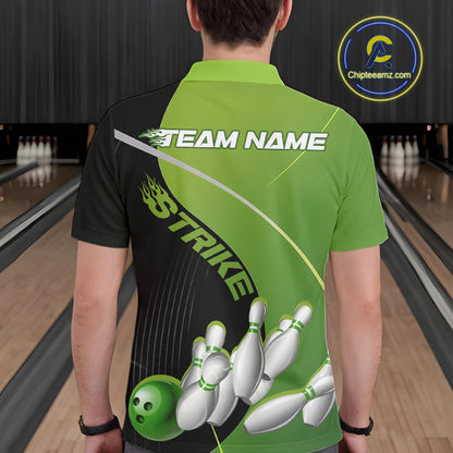 Custom Black And Green Strike Bowling Polo Shirts For Men, Bowler Outfit Team Jerseys IPHW9228