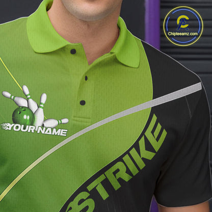 Custom Black And Green Strike Bowling Polo Shirts For Men, Bowler Outfit Team Jerseys IPHW9228
