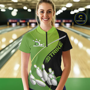 Custom Black And Green Strike Bowling Quarter-Zip Shirts For Women, Team Bowler Outfit IPHW9228