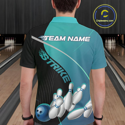 Custom Black And Blue Strike Bowling Polo Shirts For Men, Bowler Outfit Team Jerseys IPHW9229