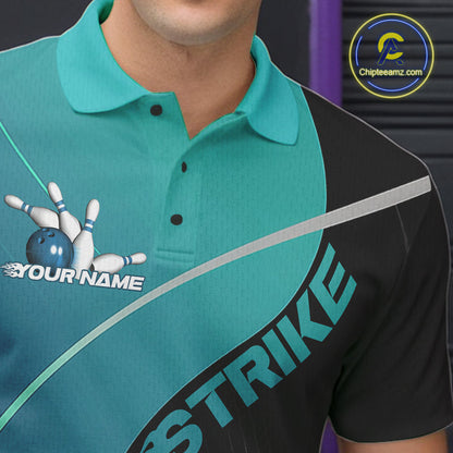 Custom Black And Blue Strike Bowling Polo Shirts For Men, Bowler Outfit Team Jerseys IPHW9229