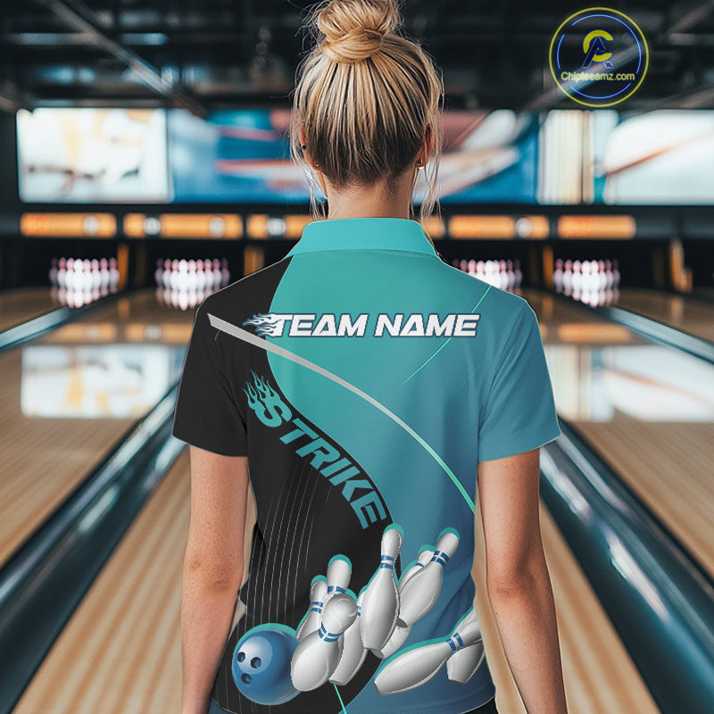 Custom Black And Blue Strike Bowling Polo Shirts For Women, Bowler Outfit Team Jerseys IPHW9229