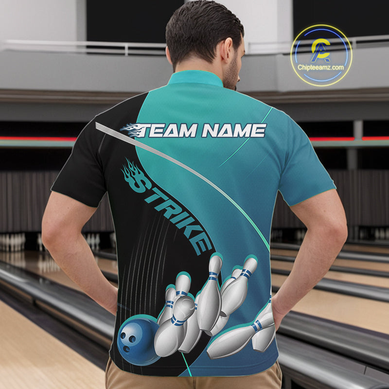 Custom Black And Blue Strike Bowling Quarter-Zip Shirts For Men, Bowler Outfit Team Jerseys IPHW9229