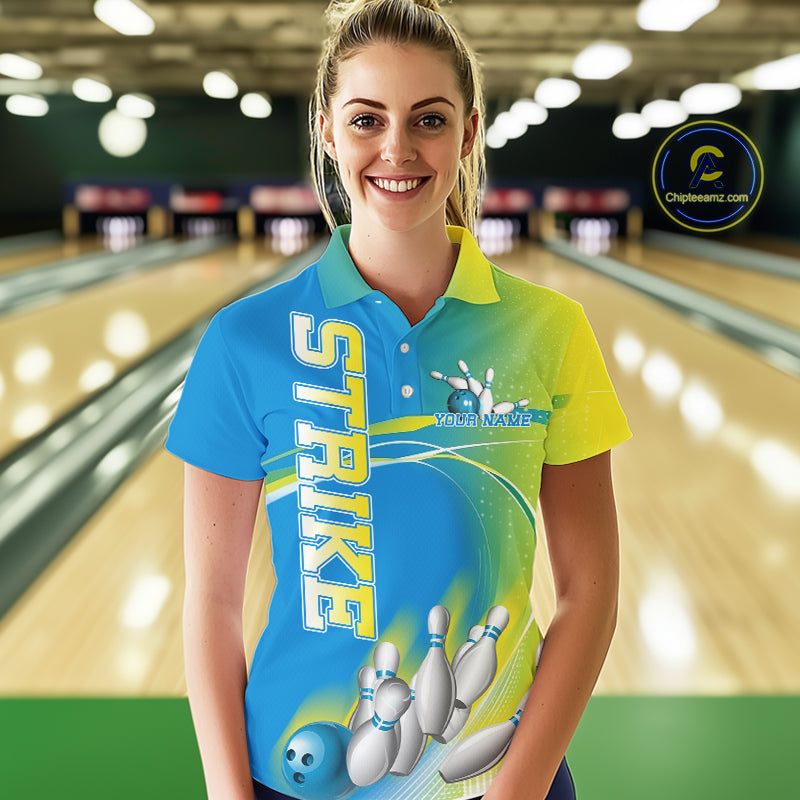 Custom Blue And Yellow Strike Bowling Polo Shirts For Women, Strike Bowling Team Jersey IPHW9233