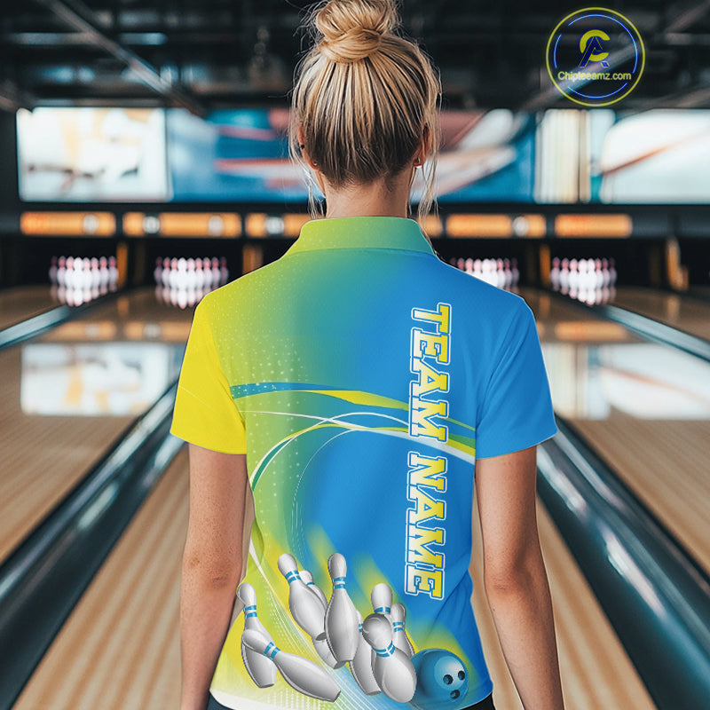 Custom Blue And Yellow Strike Bowling Polo Shirts For Women, Strike Bowling Team Jersey IPHW9233