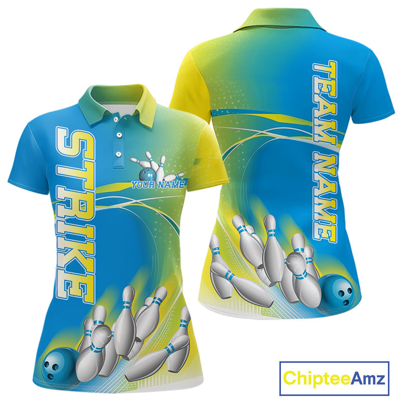 Custom Blue And Yellow Strike Bowling Polo Shirts For Women, Strike Bowling Team Jersey IPHW9233