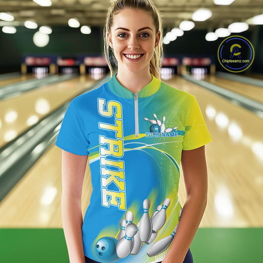 Custom Blue And Yellow Strike Bowling Quarter-Zip Shirts For Women, Bowling Team Jersey IPHW9233